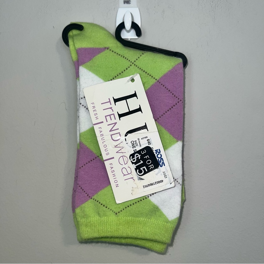HUE Argyle Crew Socks in Lime Green, Purple, White